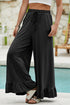 Pull On Elastic High Waist Drawstring Pocket Ruffle Hem Wide Leg Pants